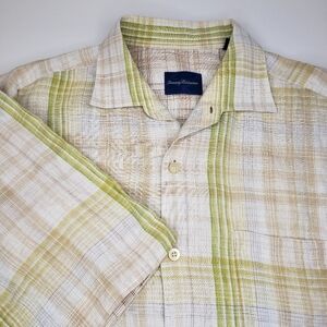 READ Tommy Bahama Mens Sz Large  Linen Button Up Short Sleeve Green Plaid Shirt